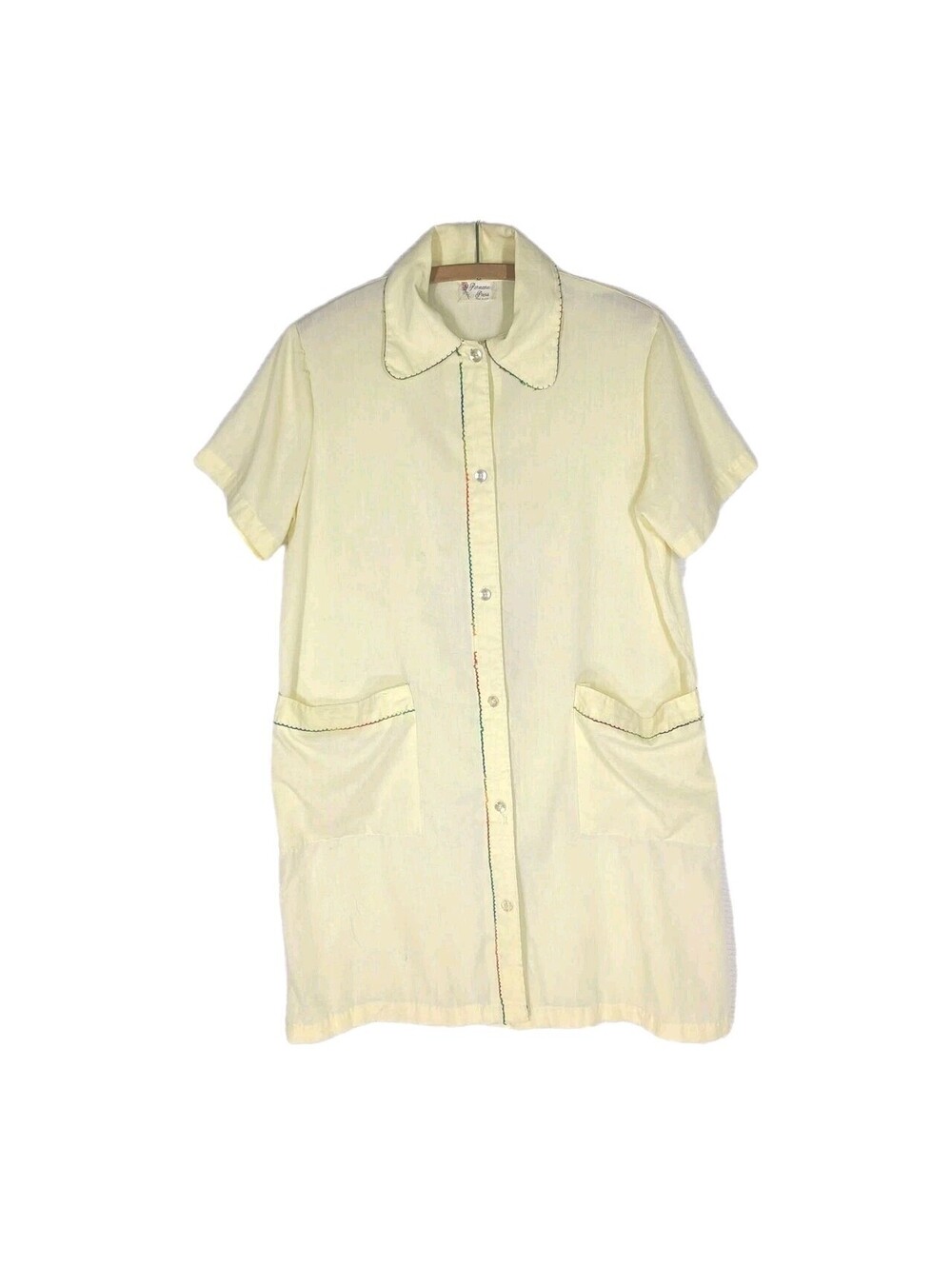Vintage 1970s Shirt Dress L Rainbow Crochet Edge Yellow Cotton Button Up Collar